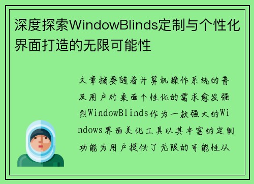 深度探索WindowBlinds定制与个性化界面打造的无限可能性